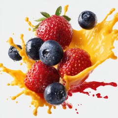 Fresh strawberries and blueberries suspended in a vibrant orange juice splash against a white background