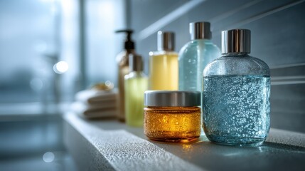 Various transparent and colored cosmetic bottles and jars arranged on a bathroom shelf with soft natural lighting.