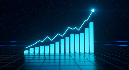 A glowing blue bar chart with an upward trending line graph indicating financial growth and success against a dark, starry background.