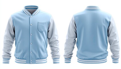 Light blue varsity jacket, front and back views, features white sleeves and ribbed cuffs and hem.  Small chest pocket