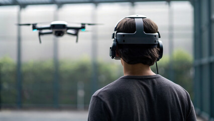Focused man wearing headset pilots drone. New biomedical engineering advances enable precise remote control representing leap in human machine interface technology