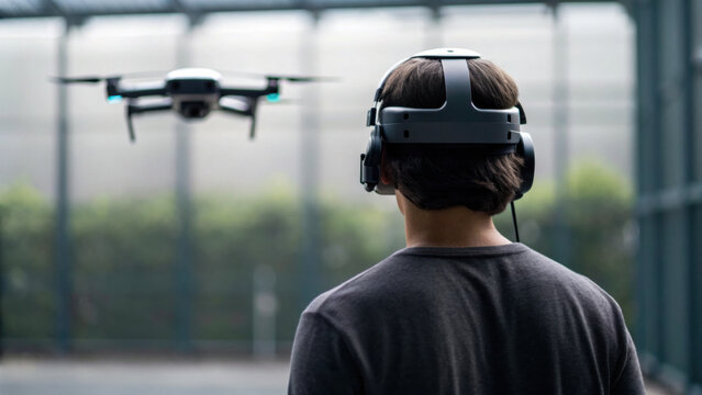 Focused man wearing headset pilots drone. New biomedical engineering advances enable precise remote control representing leap in human machine interface technology