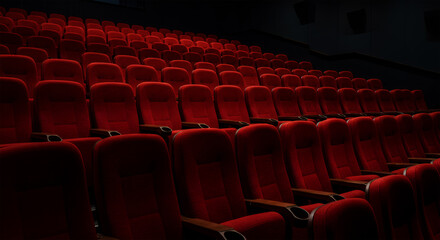 An empty cinema hall with rows of red velvet seats awaiting an audience in a dark, quiet setting.