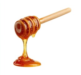 Golden honey dripping from a wooden honey dipper against a stark white background (1)
