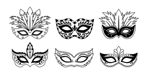 Set carnival masks silhouettes. Black masquerade masks, for party, parade and carnival, for Mardi Gras and Halloween. Mardi Gras eye mask elements can be used as isolated sign, symbol or icon. © LENNAMATS