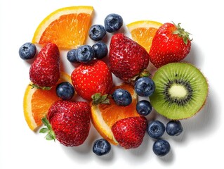 A vibrant mix of fresh strawberries, blueberries, kiwi slices, and orange segments arranged on a white background