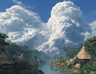 Lush jungle river valley with thatched huts nestled amongst vibrant foliage under dramatic cumulus clouds and bright sky