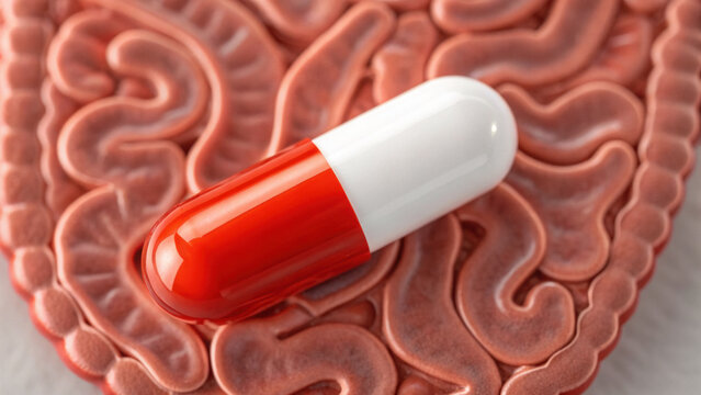 Future biomedical engineering advances in medicine and treatment. hopeful red capsule, pill on human intestine model, promises better gut health and new drug delivery