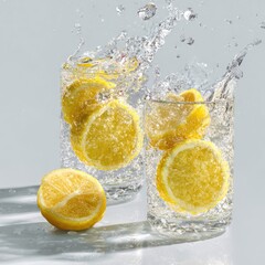 Two glasses of sparkling water with lemon slices, one splashing, and a whole lemon in front