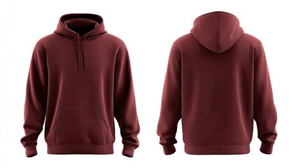 Maroon pullover hoodie, front and back views, on white background; plain, long sleeves, kangaroo pocket