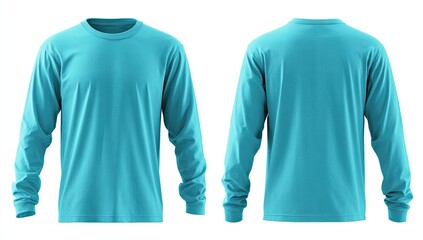 A light teal long-sleeved crew neck t-shirt shown from front and back on a white background.  Simple, plain design