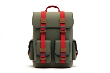 Olive green backpack with red accents, two front pockets, and brown leatherette detailing;  square shape, buckled straps