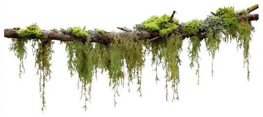 Moss-draped branch with long, hanging tendrils and clumps of moss on the upper surface, isolated on a white background