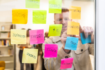 Man brainstorming creative business ideas on sticky notes