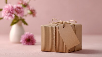 A small, kraft paper-wrapped gift box with twine and a blank tag sits on a pink surface, next to a vase of pink flowers