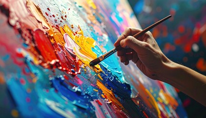 Hands painting abstract art on canvas, colorful splashes, studio background, motion blur, creative process