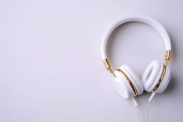 White over-ear headphones with gold accents rest on a light grey surface, angled slightly right.  A small portion of the cord is visible