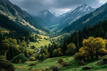 Obraz premium Majestic Mountain Landscape with Lush Valley and Snow-Capped Peaks for Nature Posters
