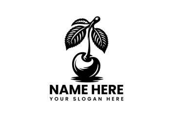 Stylized Black and White Cherry Logo Design with Leaves.