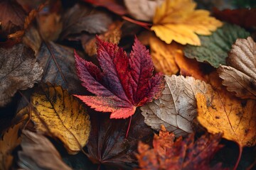 Obraz premium Fall leaves in warm colors sprinkle like nature’s confetti for cozy autumn vibes.