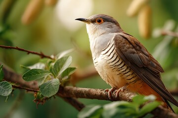Cuckoo sitting on a twig in sunlight perfect for green product ads or nature banners