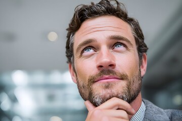 Thinking businessman in a sleek modern office focused on strategic and thoughtful decision-making.
