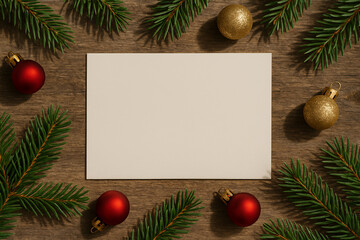 Festive flat lay with a blank greeting card on a dark wood table. Framed with fir branches and red and gold Christmas baubles. Ideal for holiday messages, invitations, or seasonal mockups.