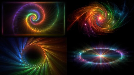 Four vibrant abstract fractal artworks with spiral and radiating energy patterns on a stark black background