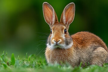 Fototapeta premium Rabbit resting peacefully on green grass ideal for pet care or wildlife promotions.