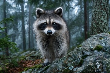 A raccoon perches like a furry scout on a forest rock for nature banners.