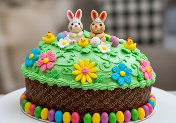 Colorful Easter Cake with Bunny and Chick Decorations
​Keywords