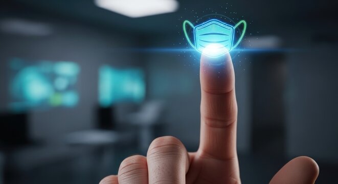 Finger touching a digital face mask icon, symbolizing protection and safety measures