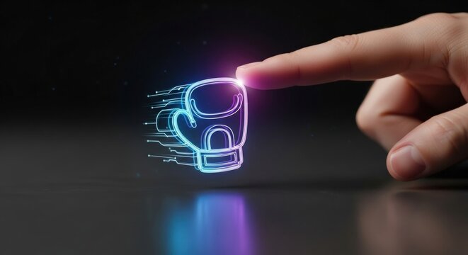 Finger touching a glowing boxing glove hologram, symbolizing strength, competition, and digital sport