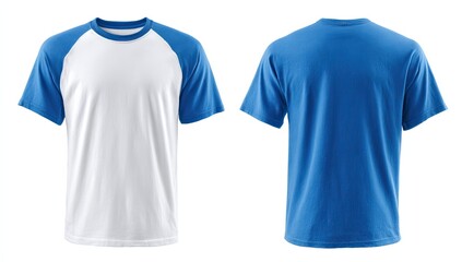 Raglan-sleeved short-sleeve t-shirt shown in white and blue, front and back views on a white background
