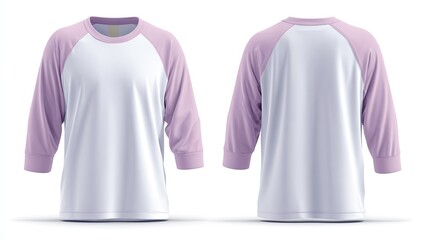 Three-quarter sleeve raglan t-shirt, white body with pale lilac sleeves, shown front and back on a white background