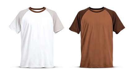 Two raglan short-sleeve t-shirts, one white and one brown, shown on a white background.  Contrasting sleeves and neckline