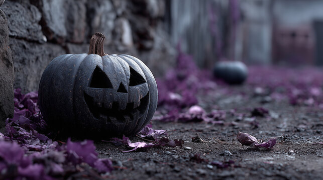 Close up a black jack o lantern is on the black streen with purple leave , Halloween graphic background.