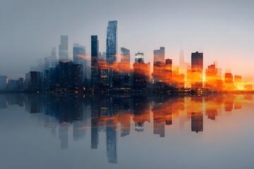 Naklejka premium Double exposure effect with vibrant overlapping cityscapes perfect for eye-catching creative web banners.
