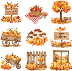 Whimsical autumn harvest scenes with pumpkins and fall foliage decor
