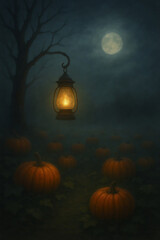  Please create an image of a glowing lamp in a pumpkin patch, with a hanging lantern, a little fog or moonlight for atmosphere.