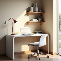 Fototapeta premium Home office setup with white desk, wooden shelf, LED lamp, and beige walls