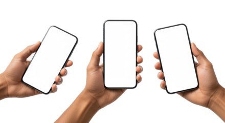 Three sleek modern black smartphones with crisp blank white screens held by brown-skinned hands on a transparent studio background with no shadows, concept for mobile content display and UI/UX