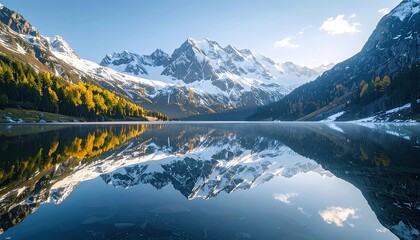 Calm Mountain Lake Reflection Scene with Snow Capped Peaks and Dense Evergreen and Deciduous Forests under Blue Sky with Golden Light
