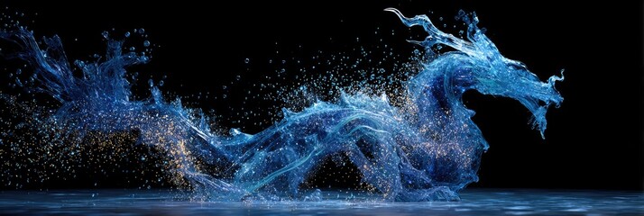 A vibrant blue water dragon, rendered in 3D, dynamically poses against a stark black background, its form composed of swirling liquid and shimmering particles