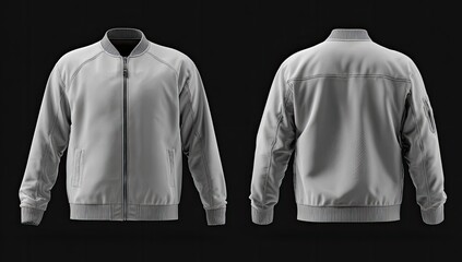 Light grey bomber jacket, front and back views, on black background;  clean, simple design