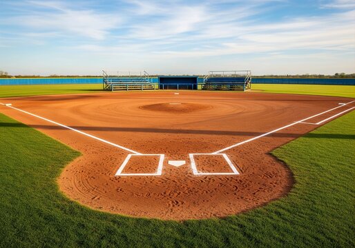 Empty Baseball or Softball Field with Batter's Box and Green Outfield on a Sunny Day