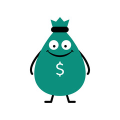 Smiling Cartoon Money Bag Mascot Character, Simple Flat Vector Illustration for Finance, Wealth, Savings, Investment, Success, Banking, or Economy.

