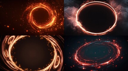 Four animated compositions of circular energy fields, swirling orbs, and fiery glows on dark backgrounds