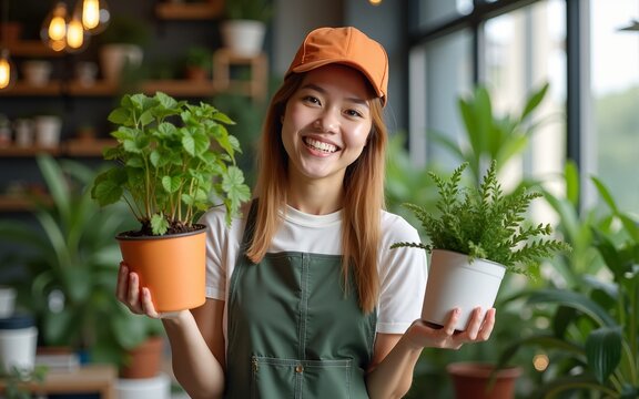 Woman working in plant shop holding two potted plants smiling at work. High quality