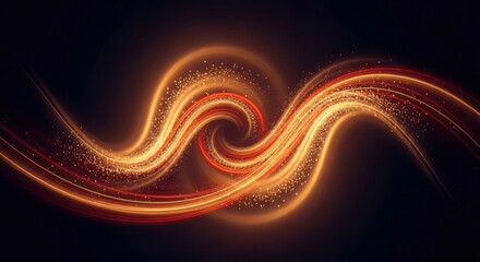 Dynamic golden and red light trails with sparkling particles on a dark abstract background.